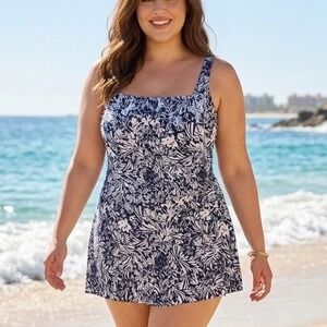 NWT Beyond Control Swim Dress Women XXL Navy New Floral Tummy Control